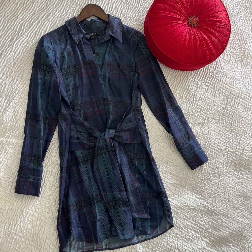 Marciano Plaid Long Sleeve front tie Dress